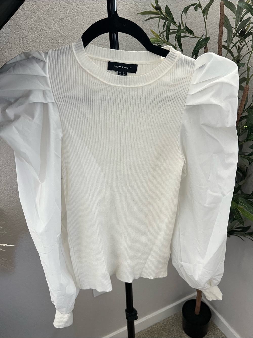 New Look White Puff-Sleeve Ribbed Pullover Top Size Small